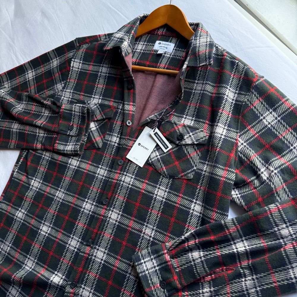 Sperry Premium Apparel Mens Green Plaid Flannel Button Down Shirt Large Outdoors